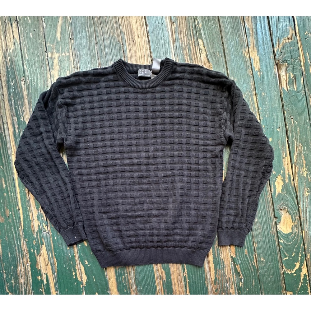 Crazy Horse Claiborne Mens Black Textured Grid Crew Neck Sweater Medium A4015
